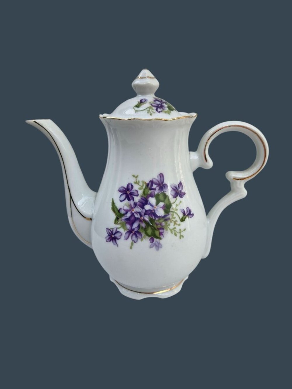 Vintage MIJ Violet Theme Small Coffee Pot w/ Gold Trim Scalloped Edges Floral De